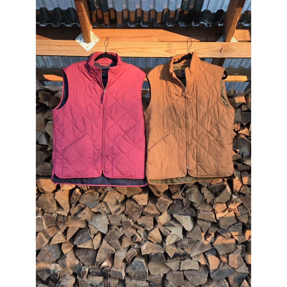 Lot of 2 J CREW Quilted Vests Mens Large Authentic Outerwear Puffer Maroon Tan